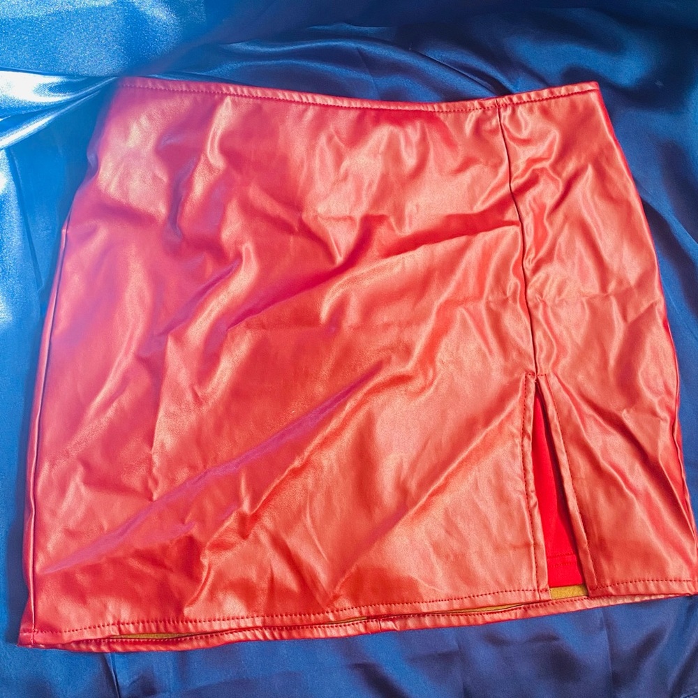 Red short leather skirt